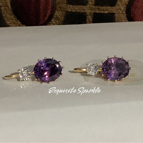 💜Elegant 10k Gold Vermeil Oval Cut Purple Amethyst Cz Diamond Hook Drop Earrings - Picture 6 of 16